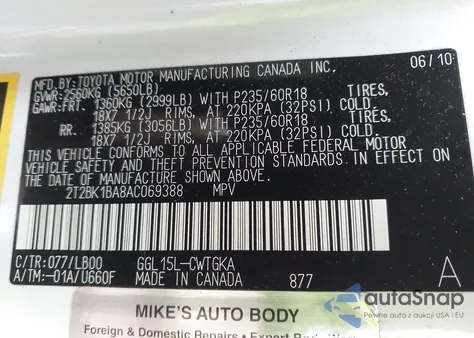 2010 Lexus Rx 350 z USA, uszkodzony, nr VIN 2T2BK1BA8AC069388